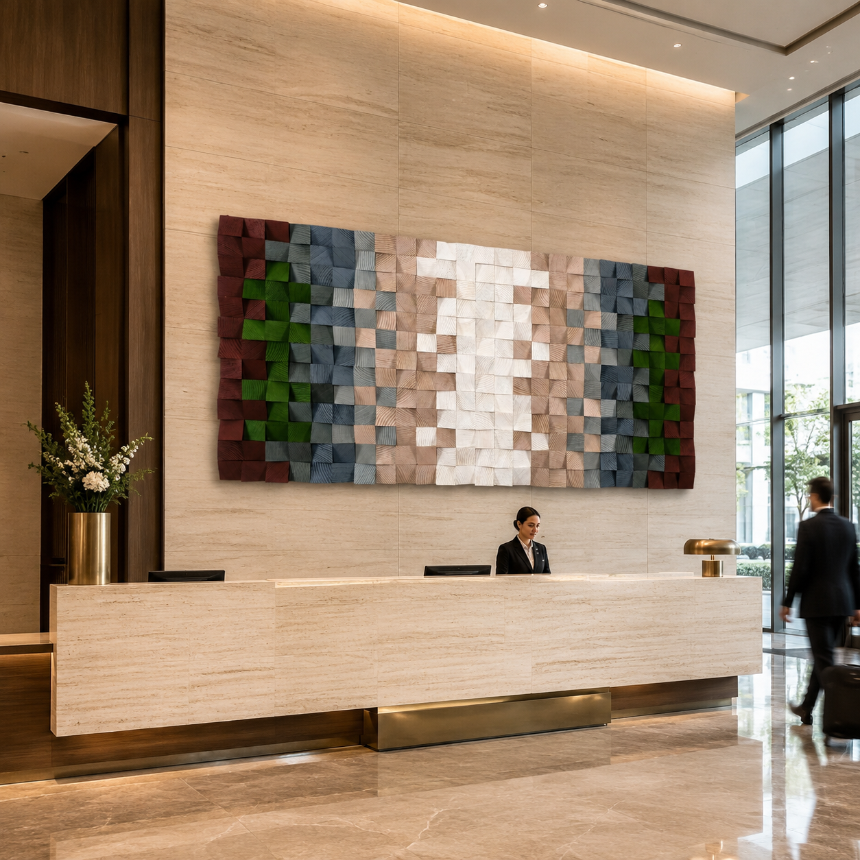 3D Wood Mosaic Wall Art Handmade 3D Block Panel in Blush, Sage & Burgundy Muted Modern Wall Decor