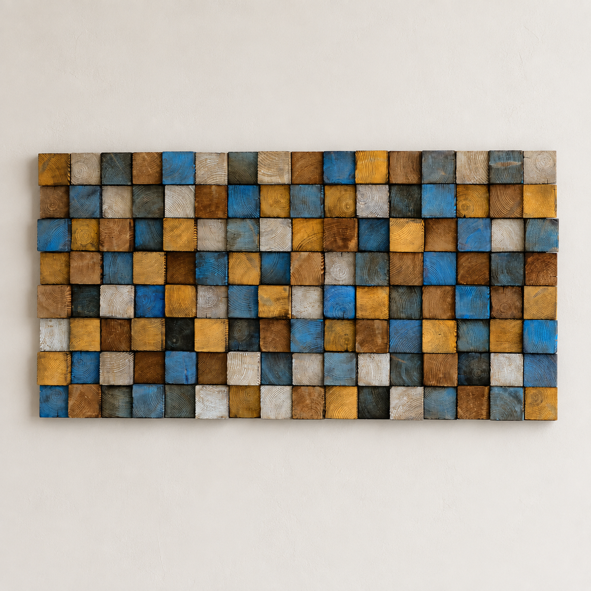 Rustic Wood Mosaic Wall Art Handmade Block Panel in Blue, Ochre & Weathered Brown  Coastal Farmhouse Wall Decor