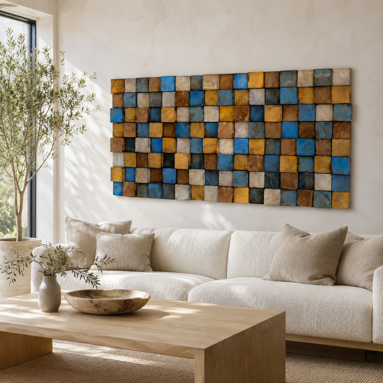 Rustic Wood Mosaic Wall Art Handmade Block Panel in Blue, Ochre & Weathered Brown  Coastal Farmhouse Wall Decor