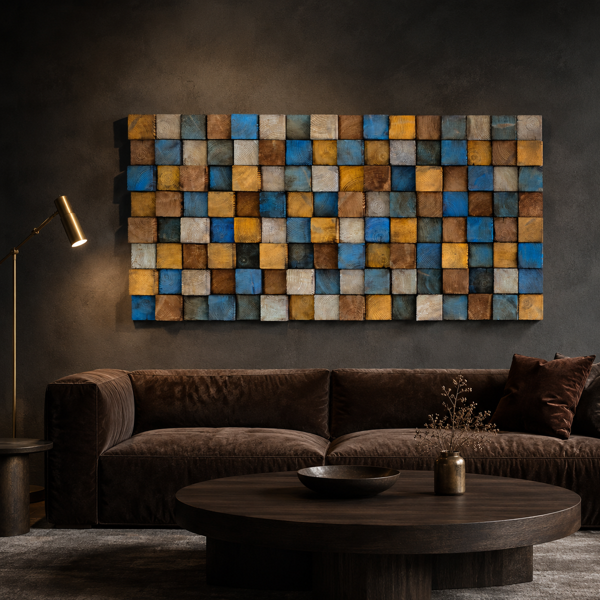 Rustic Wood Mosaic Wall Art Handmade Block Panel in Blue, Ochre & Weathered Brown  Coastal Farmhouse Wall Decor
