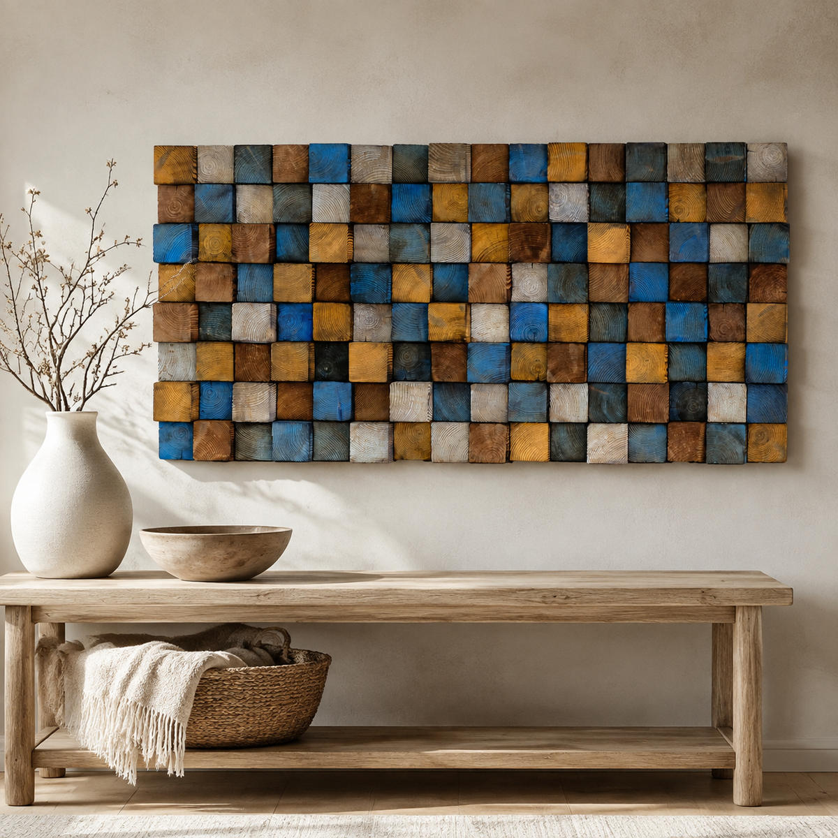 Rustic Wood Mosaic Wall Art Handmade Block Panel in Blue, Ochre & Weathered Brown  Coastal Farmhouse Wall Decor