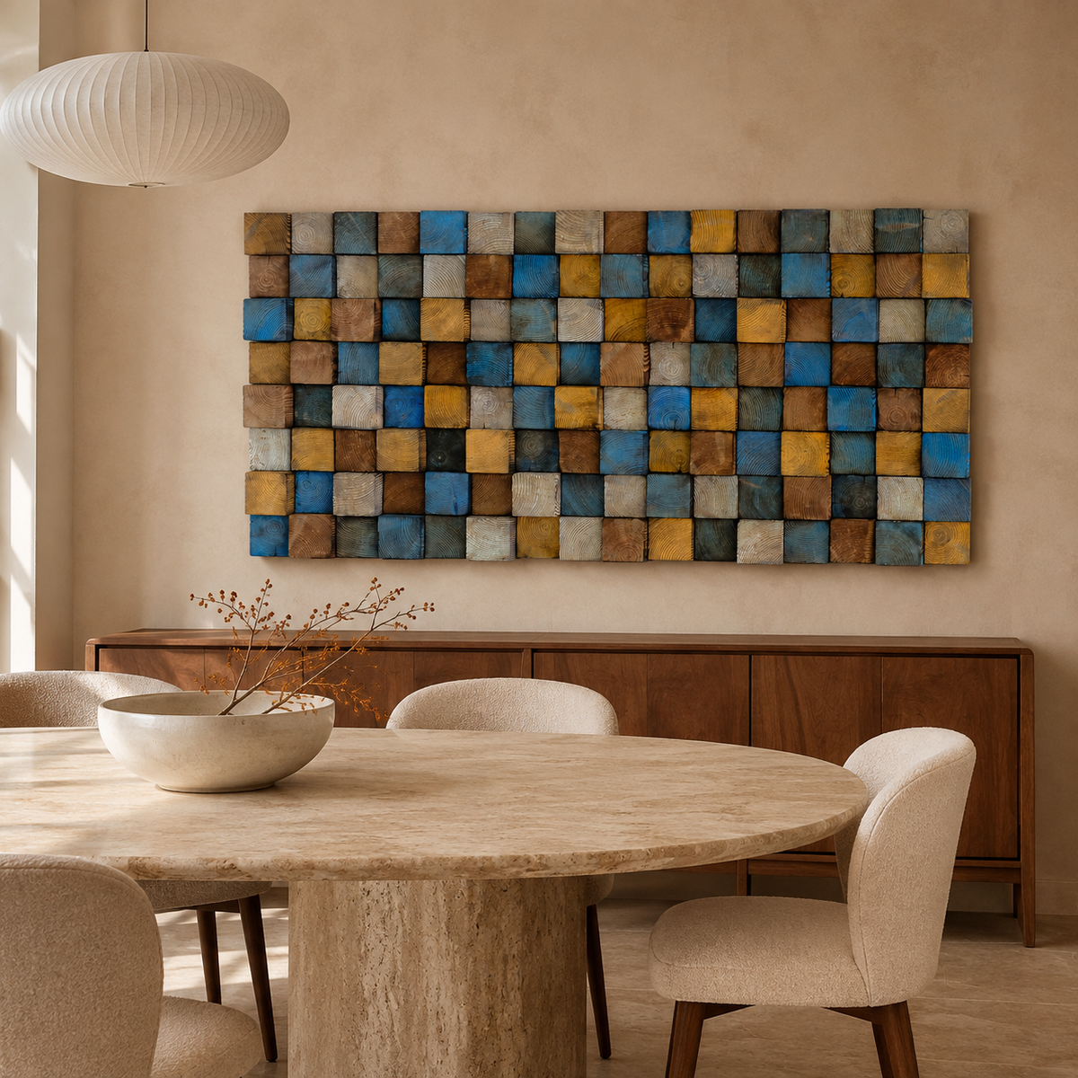 Rustic Wood Mosaic Wall Art Handmade Block Panel in Blue, Ochre & Weathered Brown  Coastal Farmhouse Wall Decor