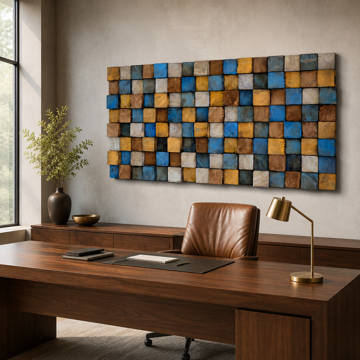 Rustic Wood Mosaic Wall Art Handmade Block Panel in Blue, Ochre & Weathered Brown  Coastal Farmhouse Wall Decor