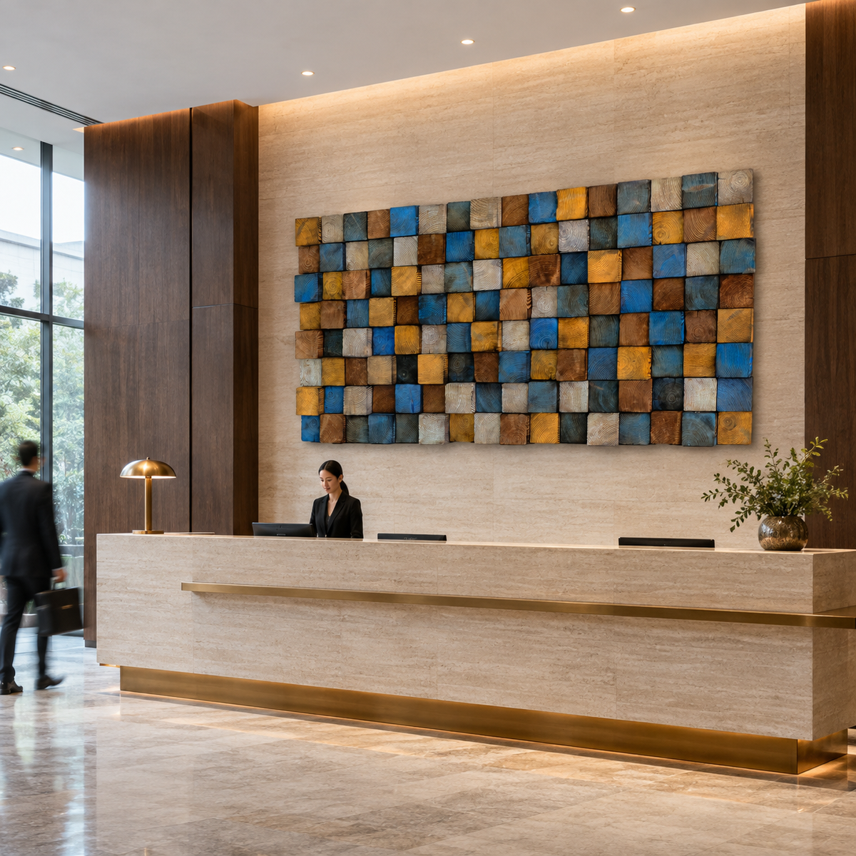 Rustic Wood Mosaic Wall Art Handmade Block Panel in Blue, Ochre & Weathered Brown  Coastal Farmhouse Wall Decor