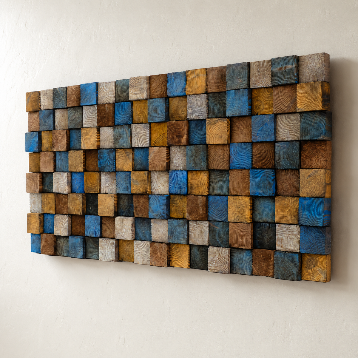 Rustic Wood Mosaic Wall Art Handmade Block Panel in Blue, Ochre & Weathered Brown  Coastal Farmhouse Wall Decor