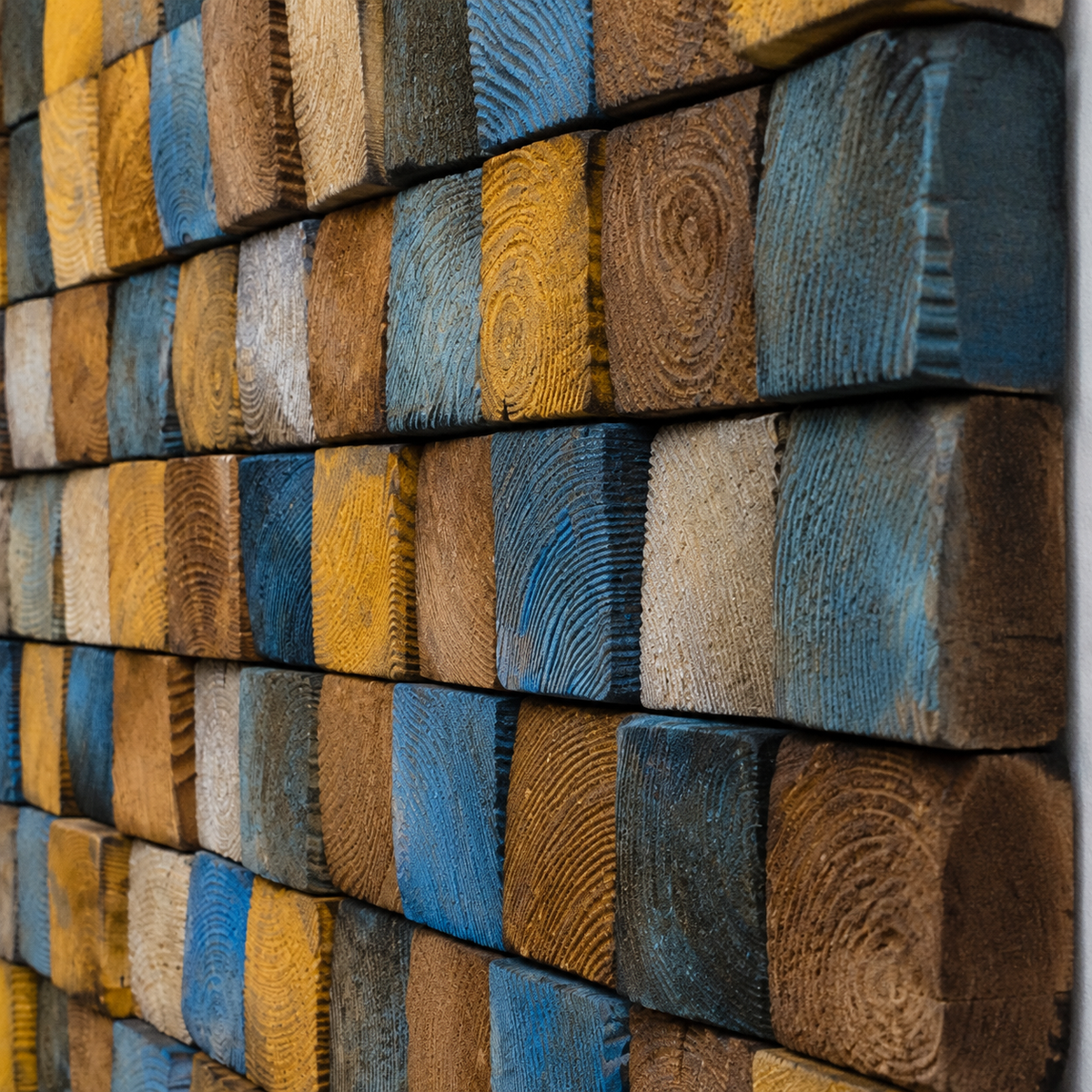 Rustic Wood Mosaic Wall Art Handmade Block Panel in Blue, Ochre & Weathered Brown  Coastal Farmhouse Wall Decor