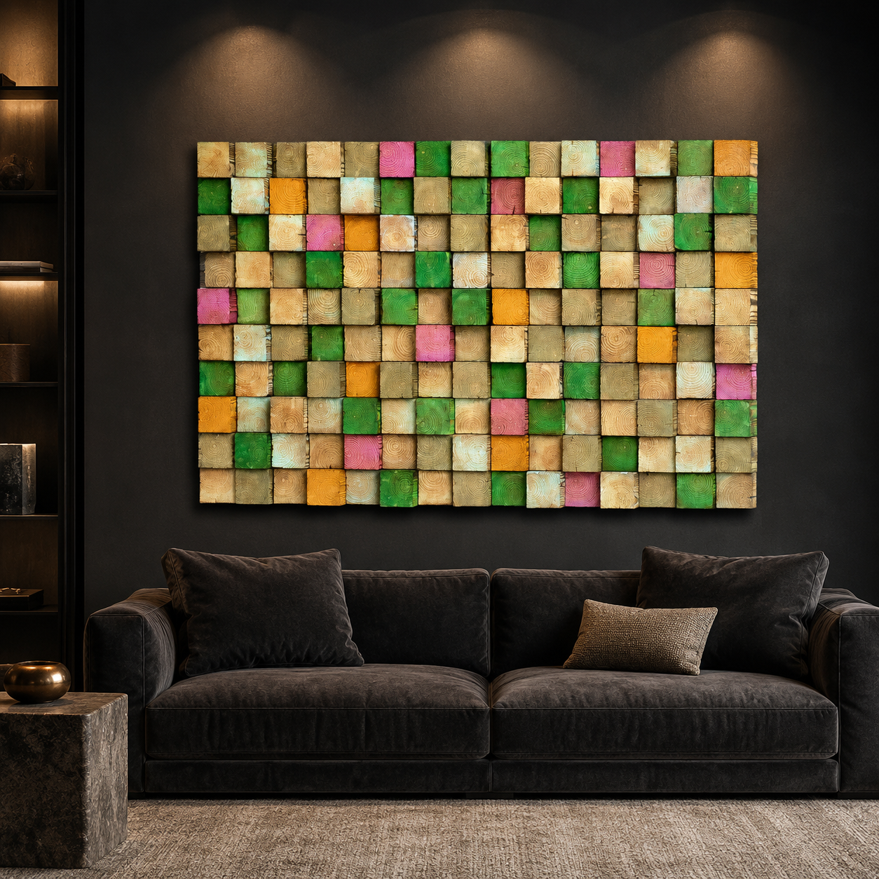 3D Wood Mosaic Wall Art | Handmade Monochrome Skyline Panel for Modern Interiors