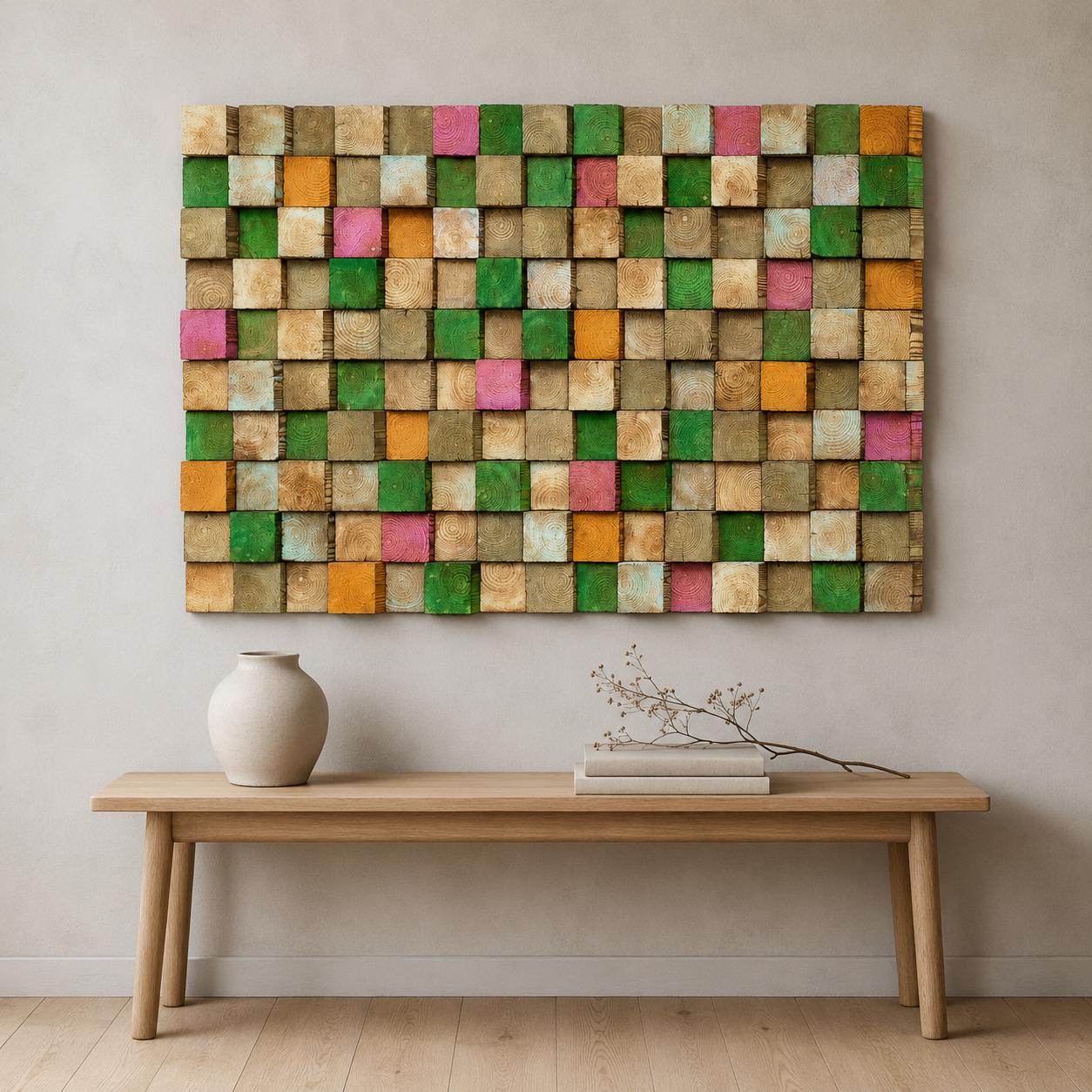 3D Wood Mosaic Wall Art | Handmade Monochrome Skyline Panel for Modern Interiors