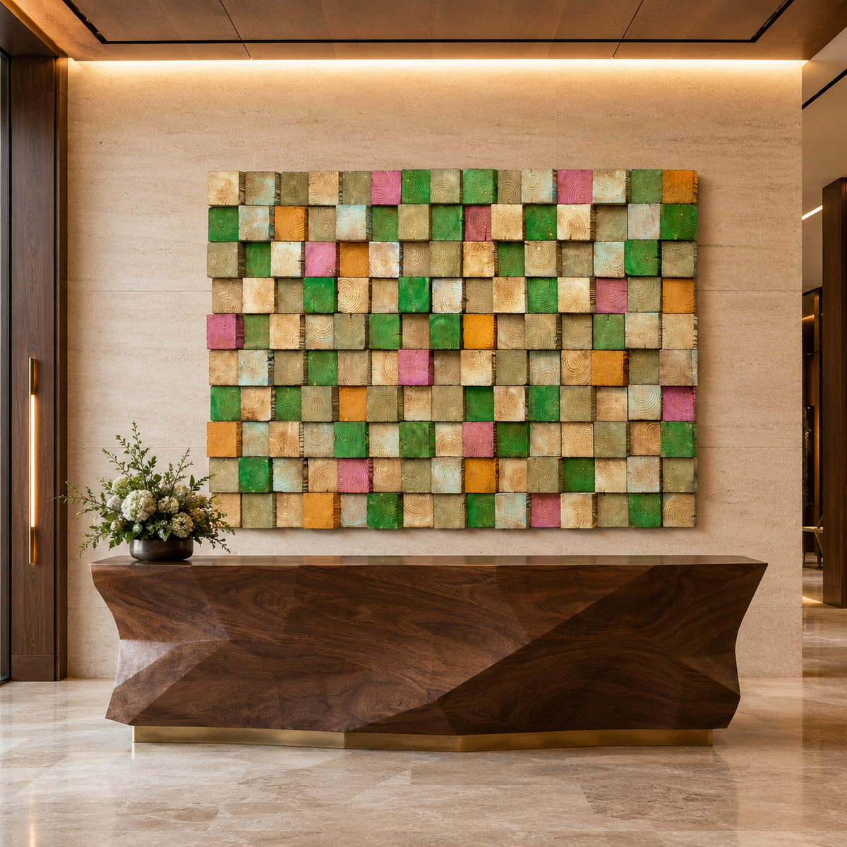 3D Wood Mosaic Wall Art | Handmade Monochrome Skyline Panel for Modern Interiors