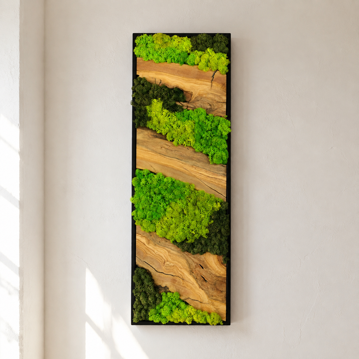 Vertical Moss Wall Art with Olive Wood Preserved Moss & Live Edge Panel in a Black Frame Biophilic Wall Decor