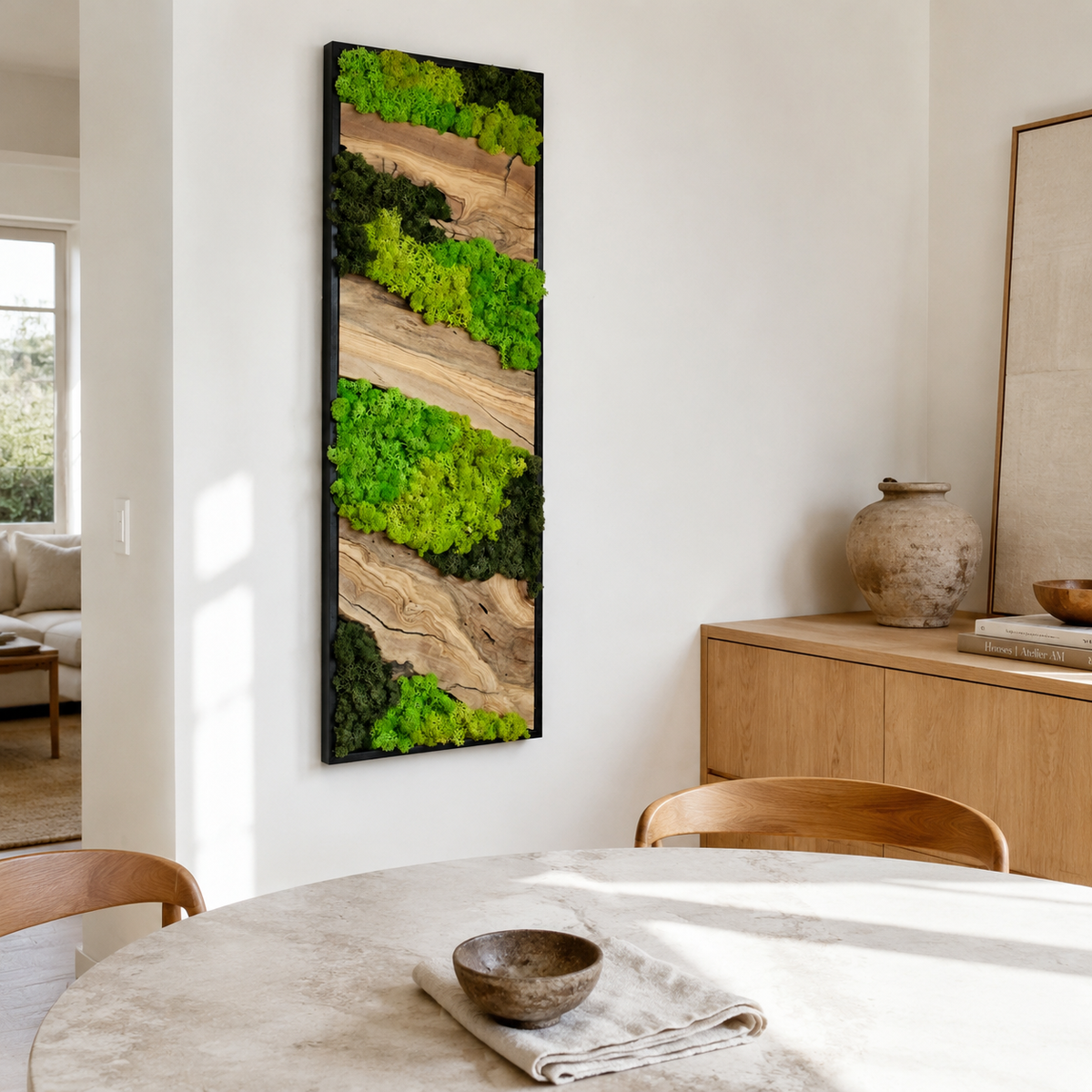 Vertical Moss Wall Art with Olive Wood Preserved Moss & Live Edge Panel in a Black Frame Biophilic Wall Decor