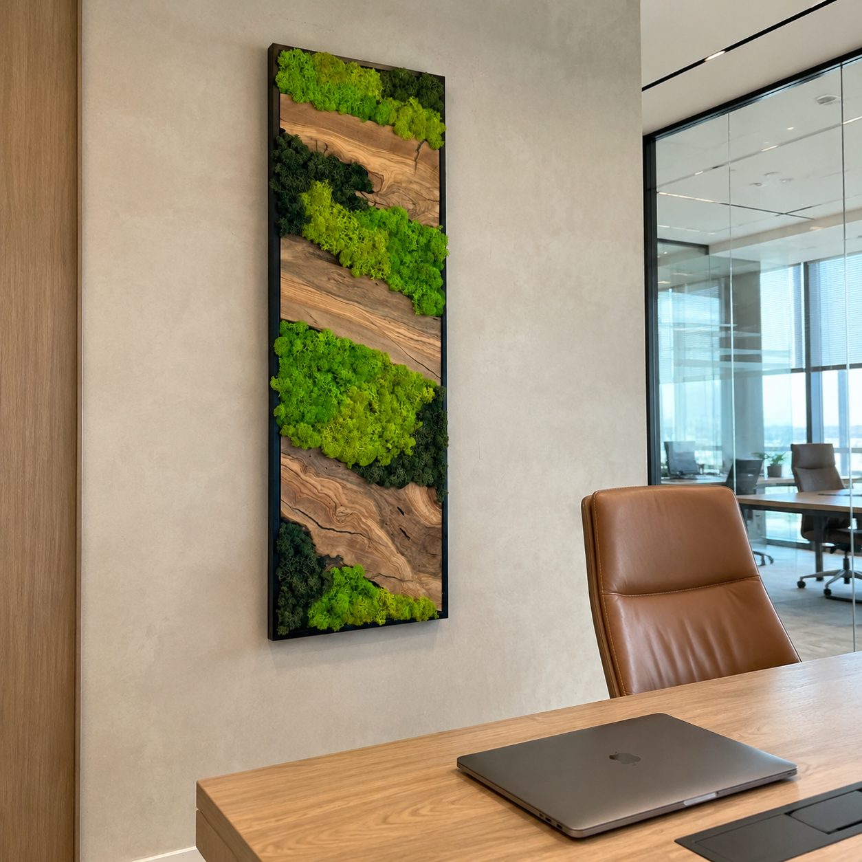 Vertical Moss Wall Art with Olive Wood Preserved Moss & Live Edge Panel in a Black Frame Biophilic Wall Decor