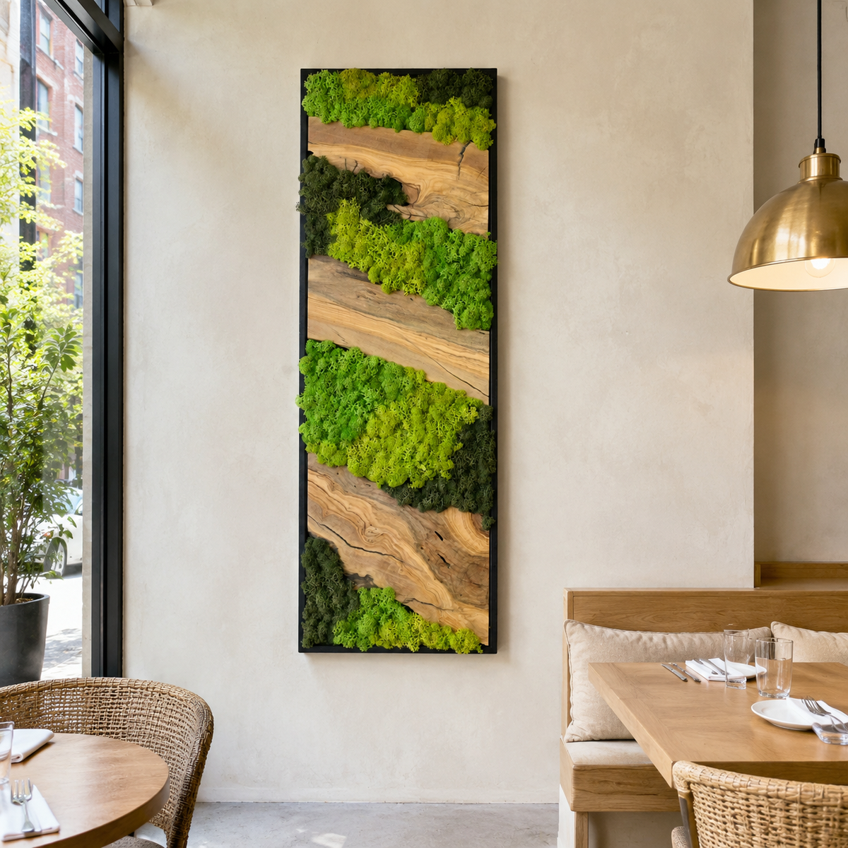 Vertical Moss Wall Art with Olive Wood Preserved Moss & Live Edge Panel in a Black Frame Biophilic Wall Decor