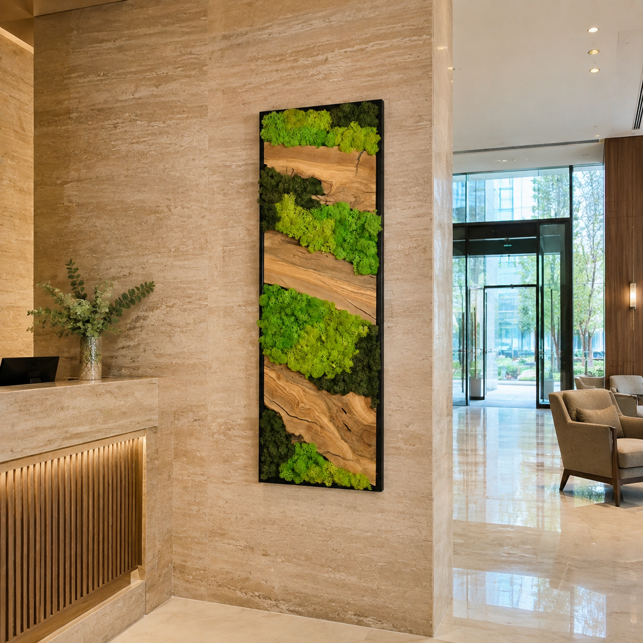 Vertical Moss Wall Art with Olive Wood Preserved Moss & Live Edge Panel in a Black Frame Biophilic Wall Decor