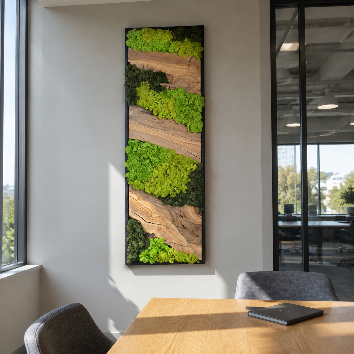 Vertical Moss Wall Art with Olive Wood Preserved Moss & Live Edge Panel in a Black Frame Biophilic Wall Decor