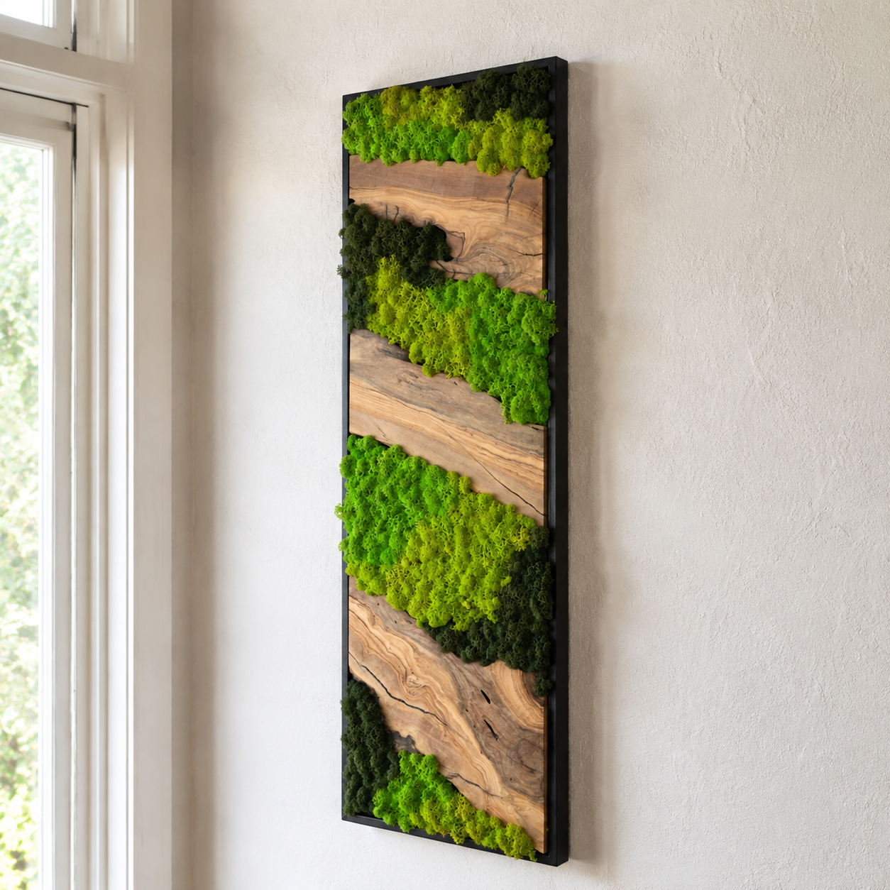 Vertical Moss Wall Art with Olive Wood Preserved Moss & Live Edge Panel in a Black Frame Biophilic Wall Decor