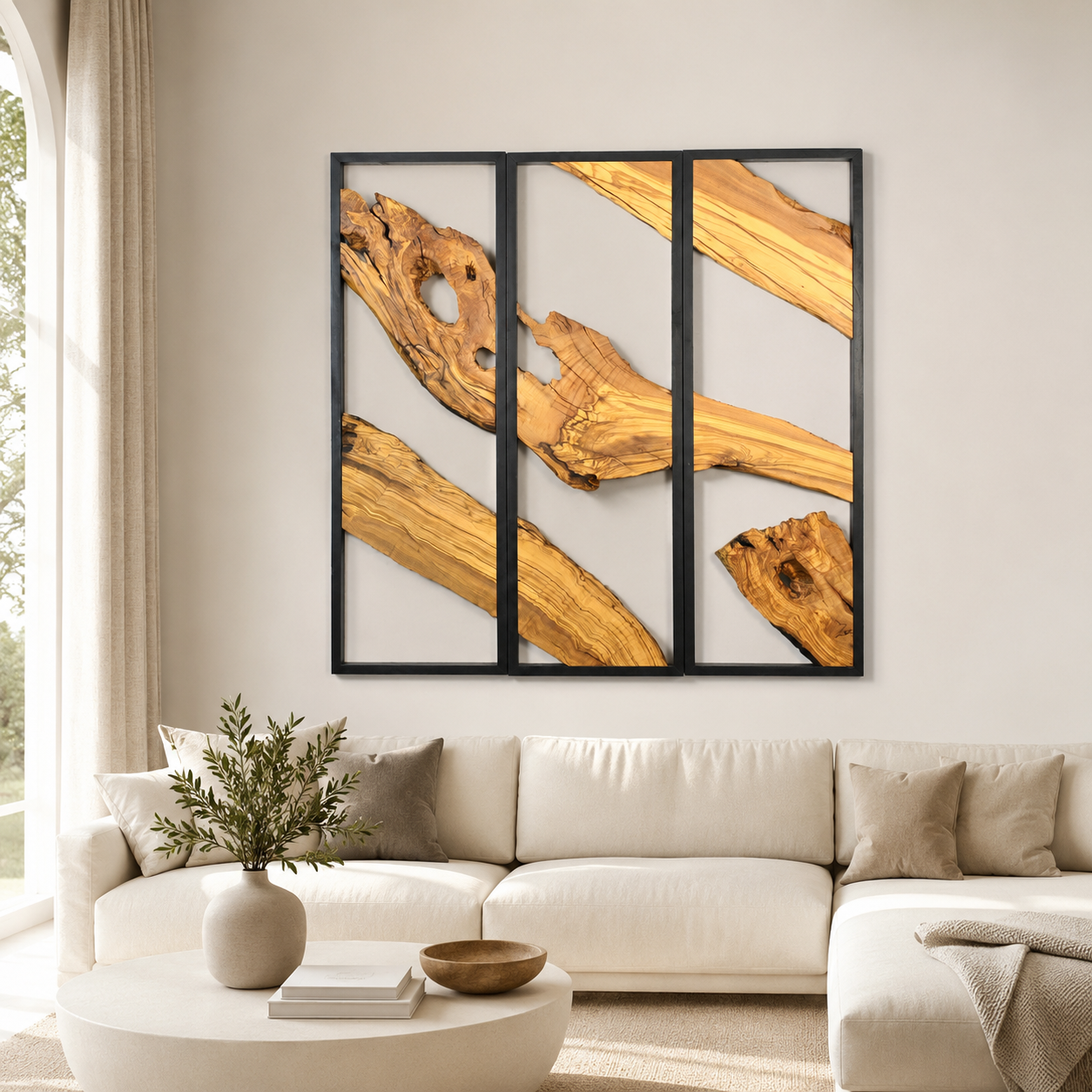3 Panel Driftwood Wall Art — Natural Wood Triptych in Black Metal Frame