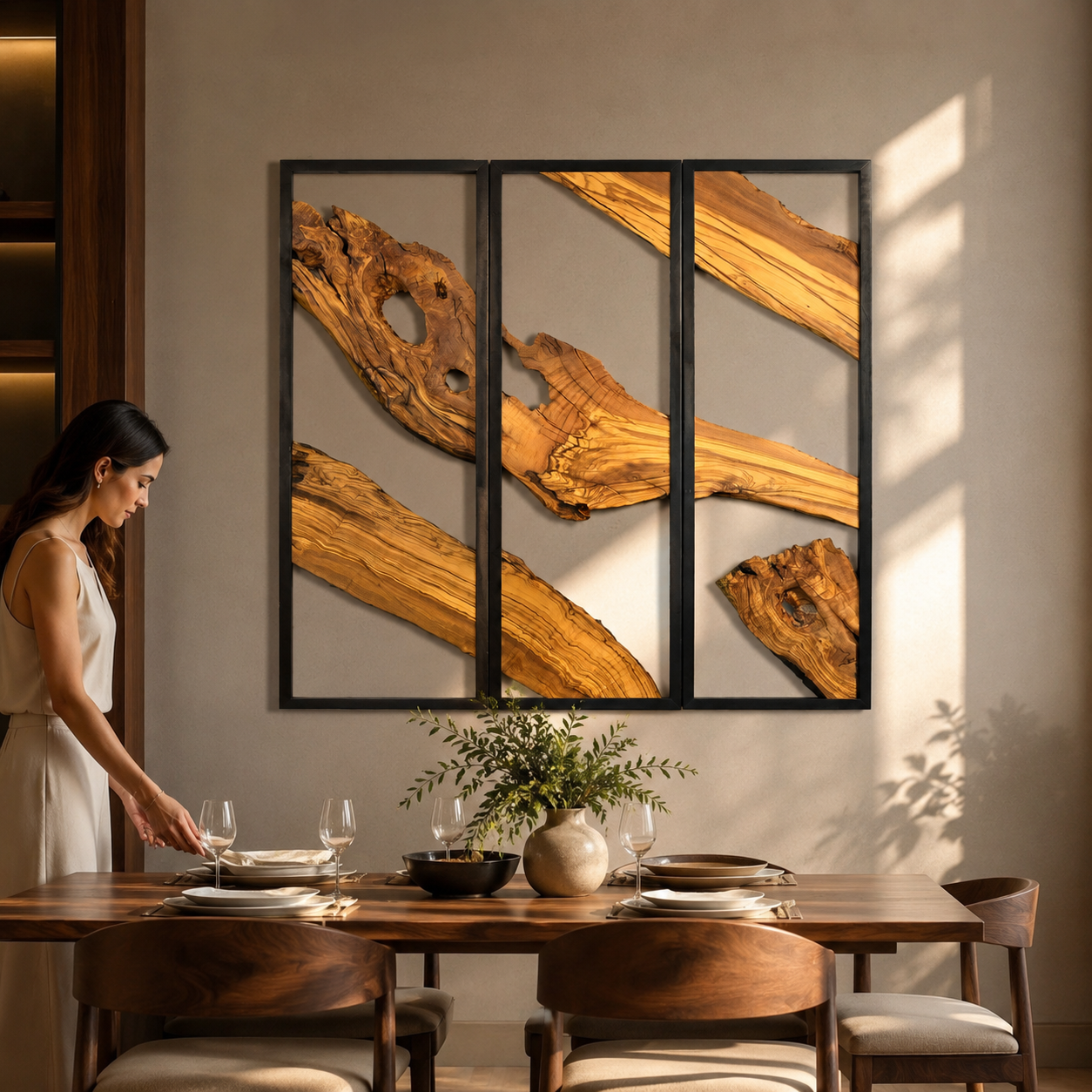 3 Panel Driftwood Wall Art — Natural Wood Triptych in Black Metal Frame