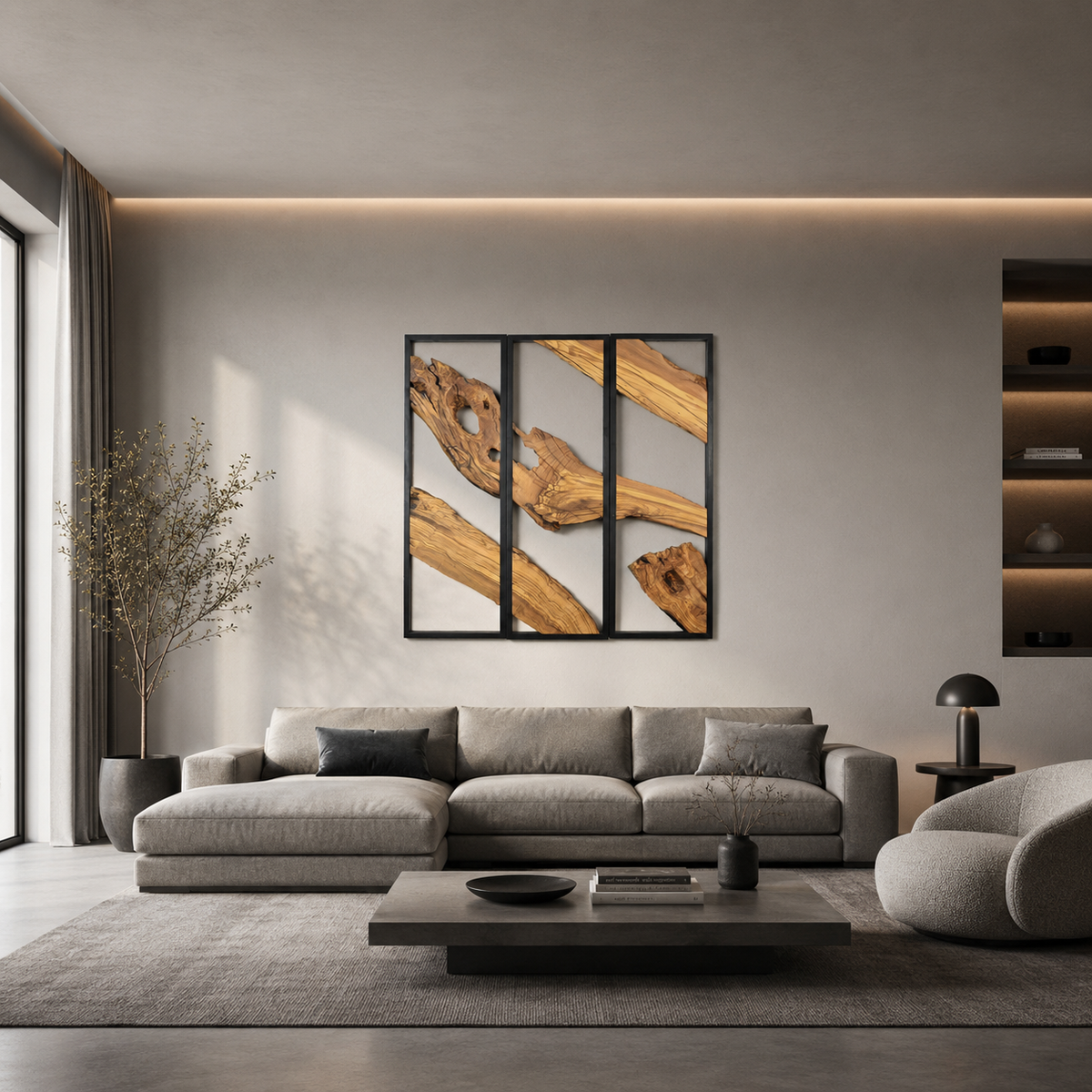 3 Panel Driftwood Wall Art — Natural Wood Triptych in Black Metal Frame