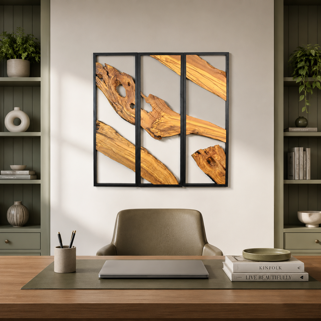 3 Panel Driftwood Wall Art — Natural Wood Triptych in Black Metal Frame