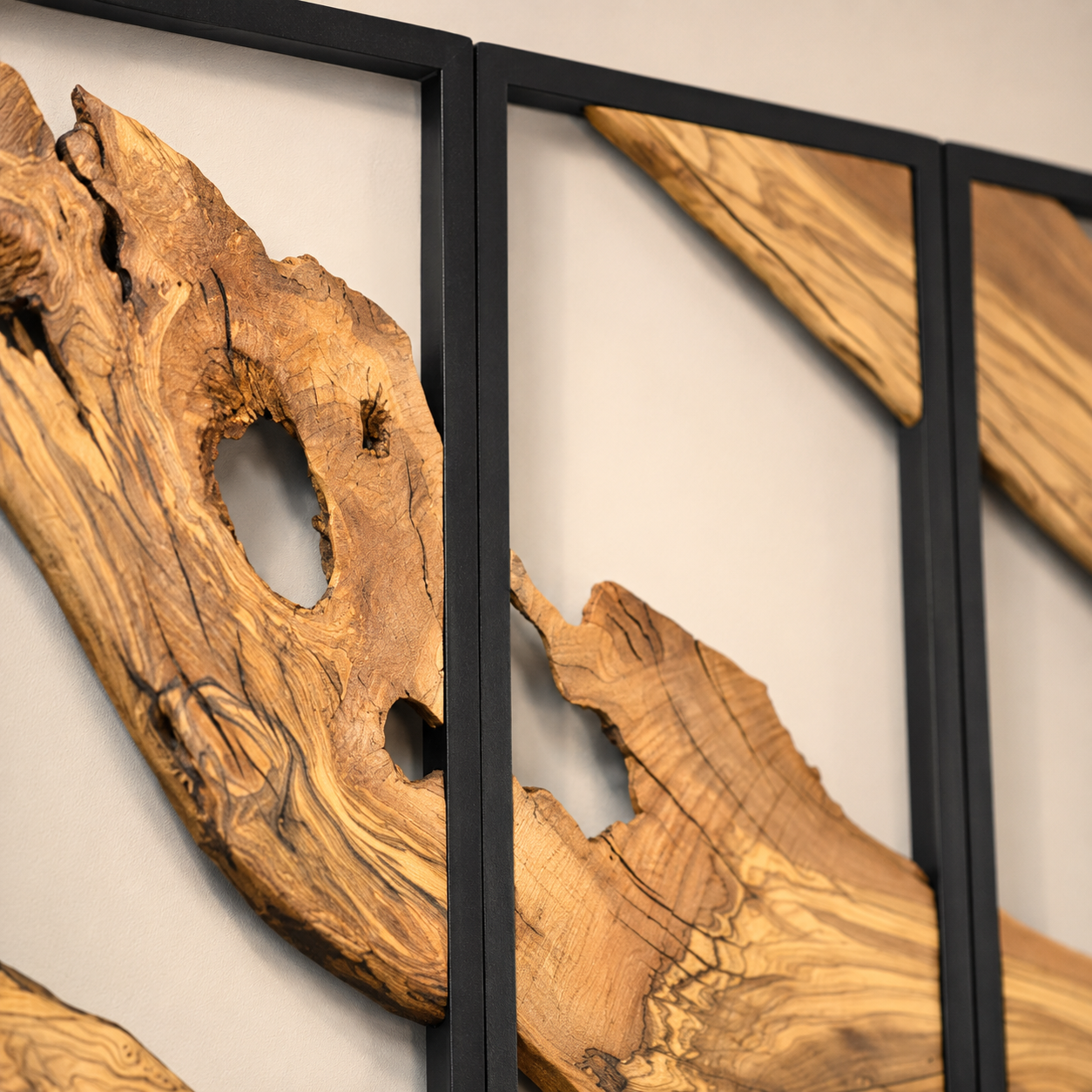 3 Panel Driftwood Wall Art — Natural Wood Triptych in Black Metal Frame