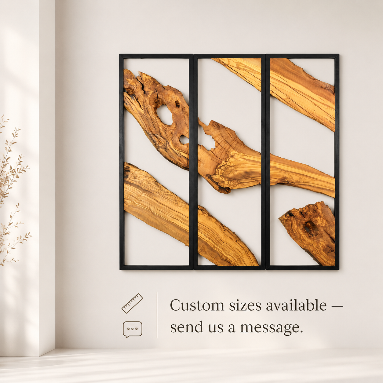 3 Panel Driftwood Wall Art — Natural Wood Triptych in Black Metal Frame