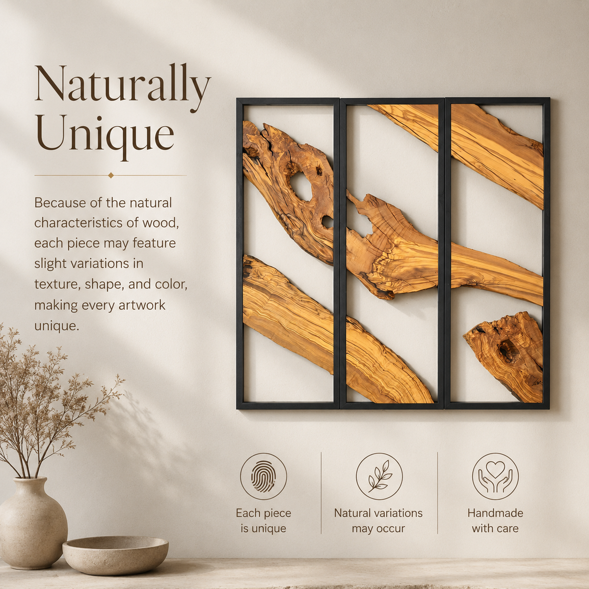3 Panel Driftwood Wall Art — Natural Wood Triptych in Black Metal Frame
