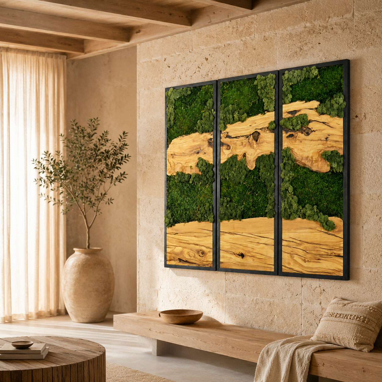 3 Panel Moss & Driftwood Wall Art — Framed Triptych for Living Room