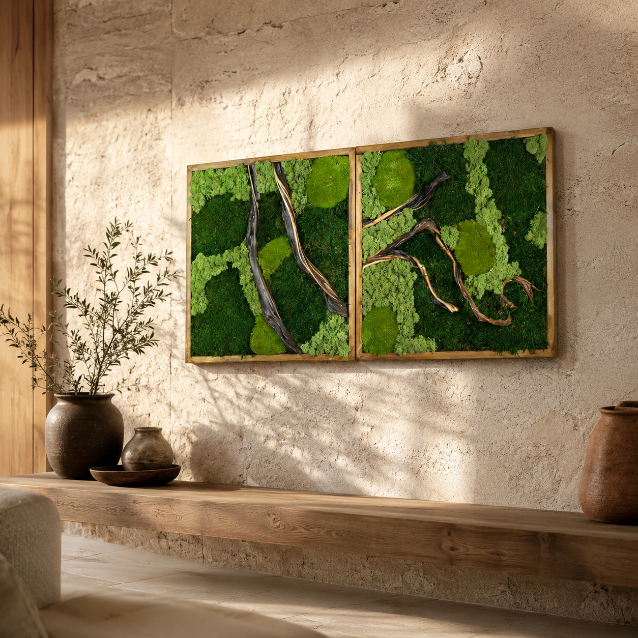 2 Panel Moss Wall Art — Preserved Moss & Driftwood Diptych in Natural Wood Frame