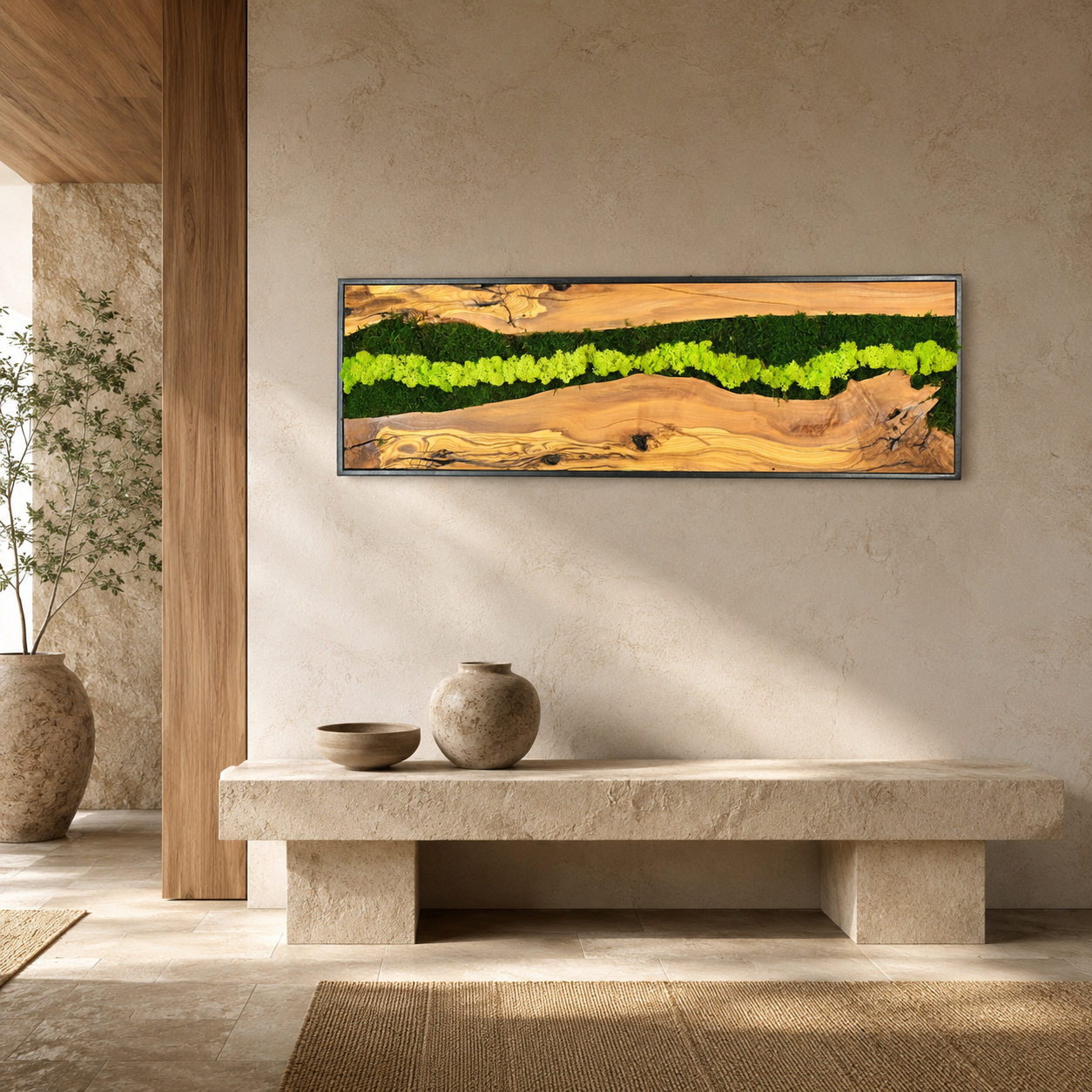 Vertical Moss Wall Art — Tall Driftwood Panel with Preserved Moss
