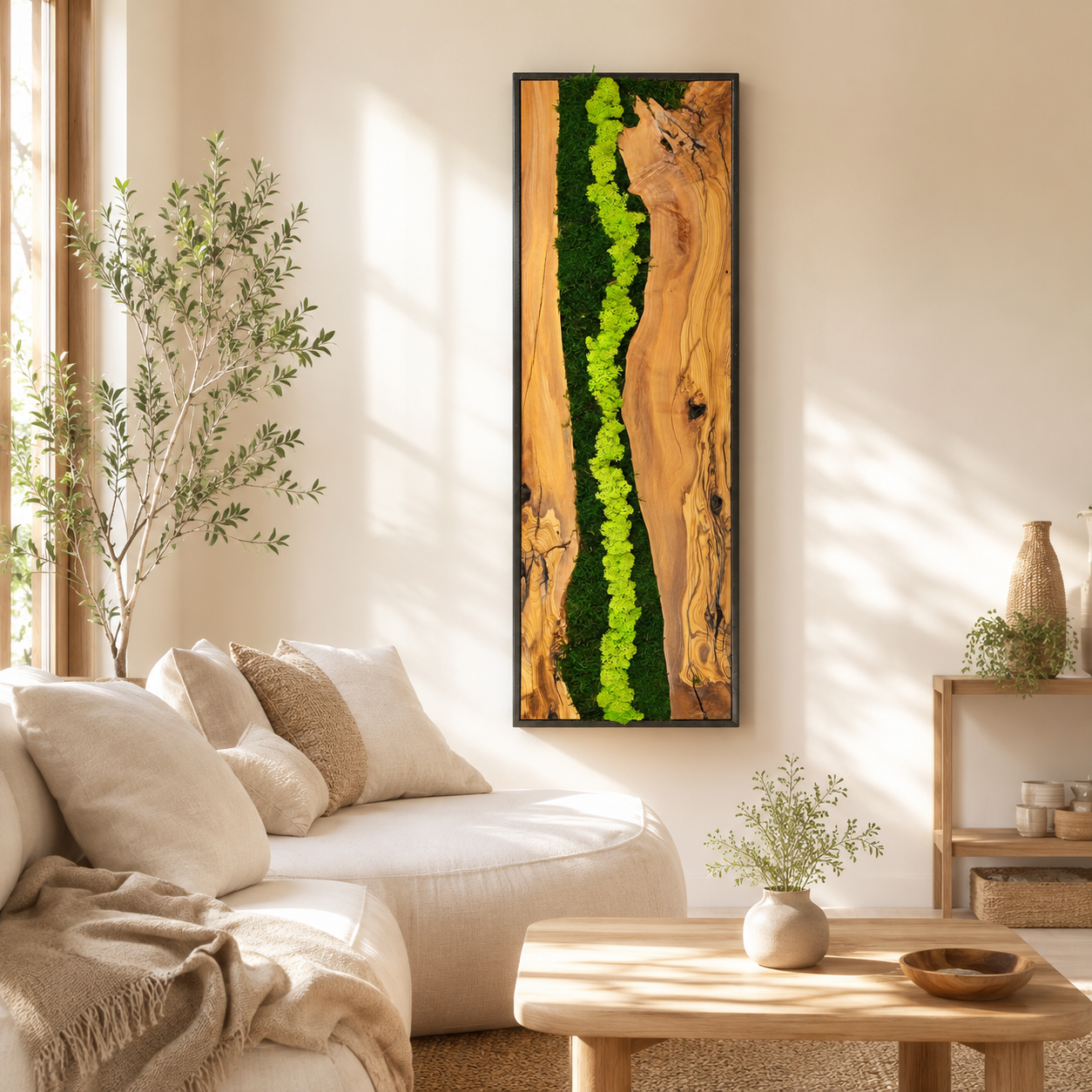 Vertical Moss Wall Art — Tall Driftwood Panel with Preserved Moss