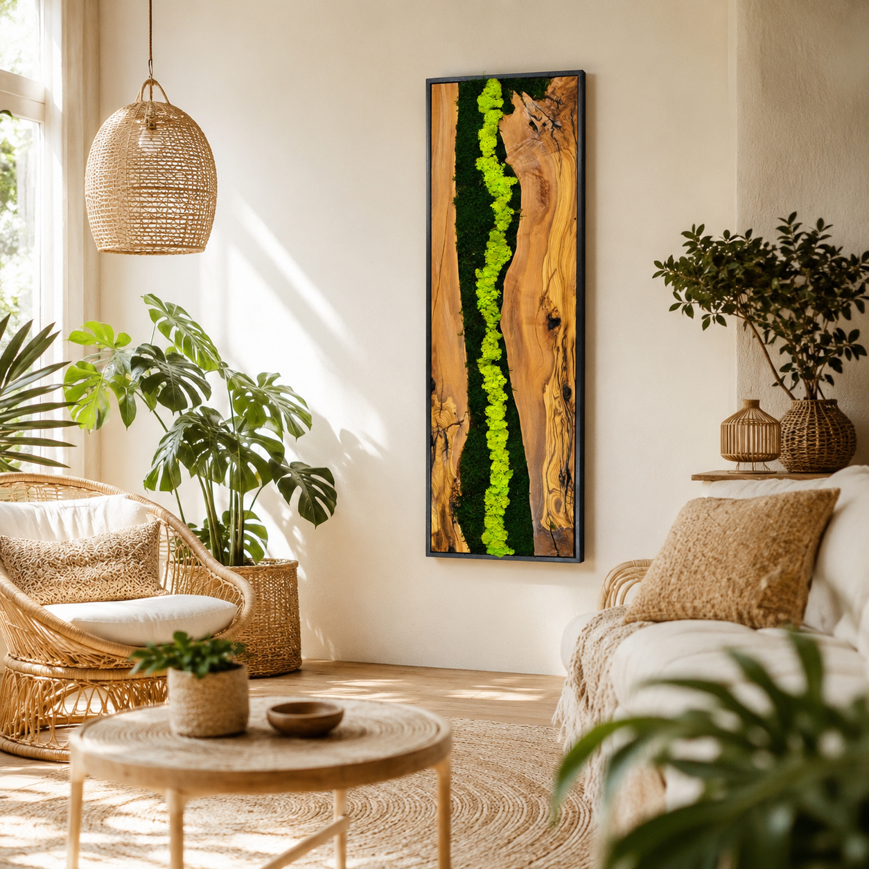 Vertical Moss Wall Art — Tall Driftwood Panel with Preserved Moss