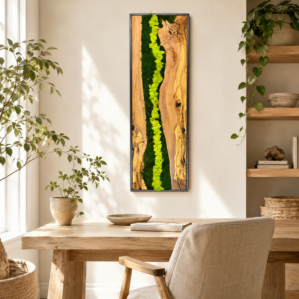 Vertical Moss Wall Art — Tall Driftwood Panel with Preserved Moss