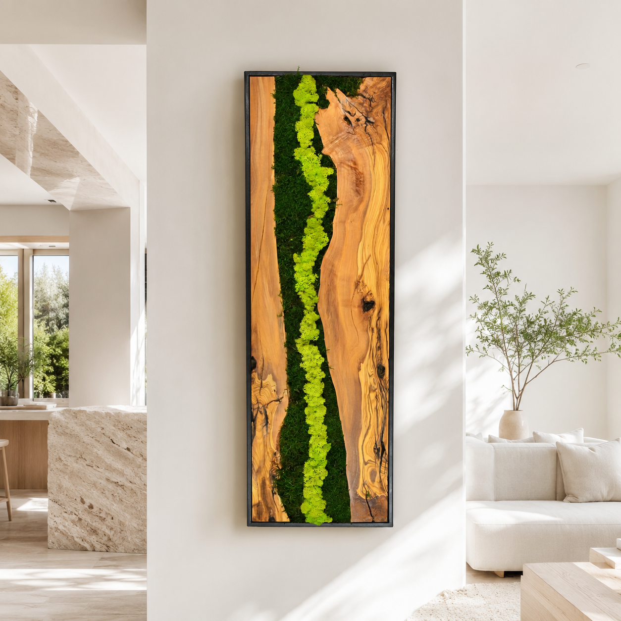 Vertical Moss Wall Art — Tall Driftwood Panel with Preserved Moss