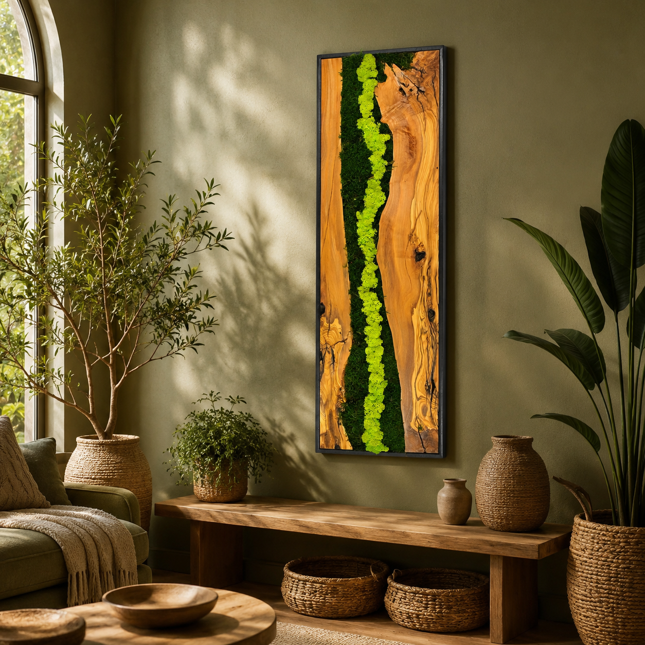 Vertical Moss Wall Art — Tall Driftwood Panel with Preserved Moss