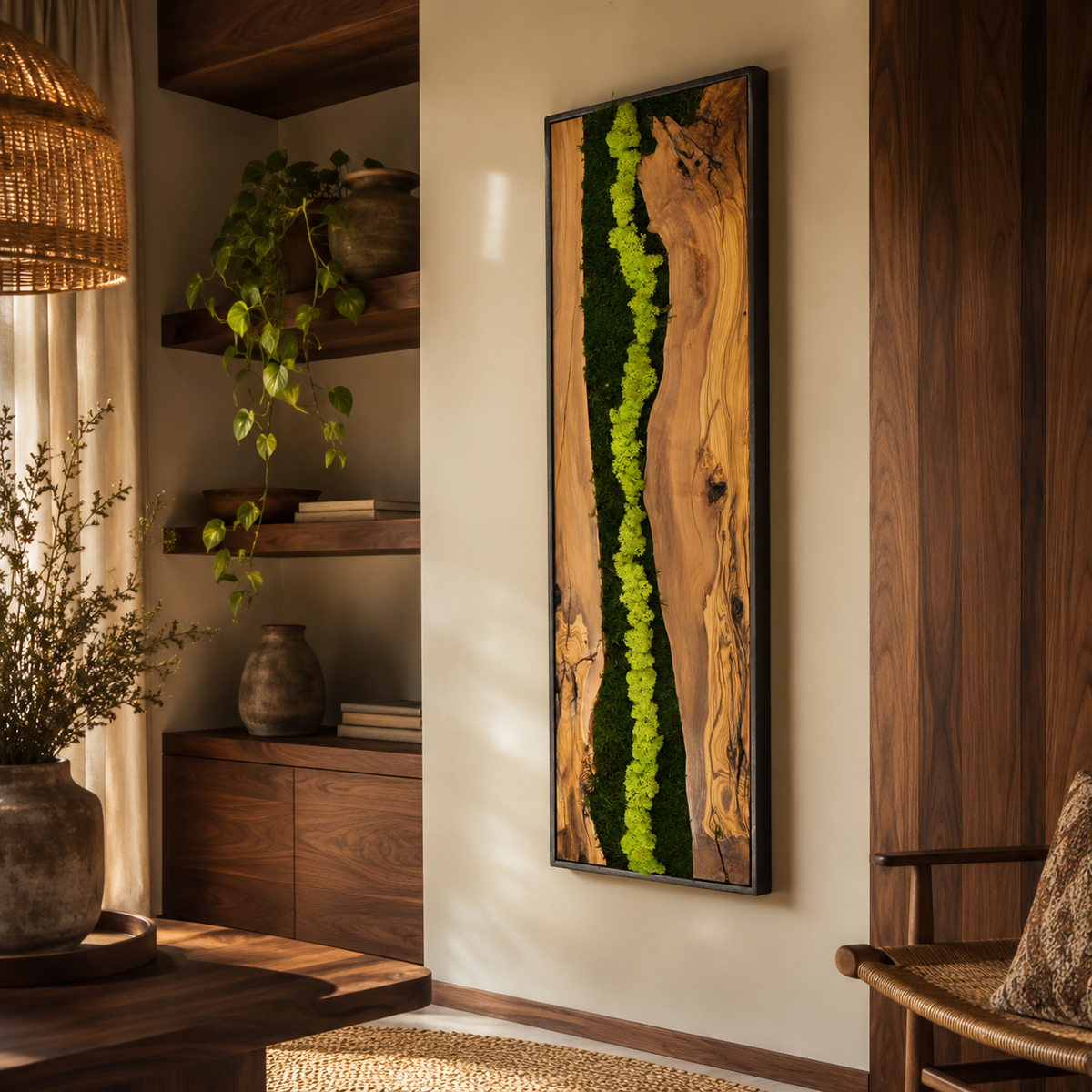 Vertical Moss Wall Art — Tall Driftwood Panel with Preserved Moss