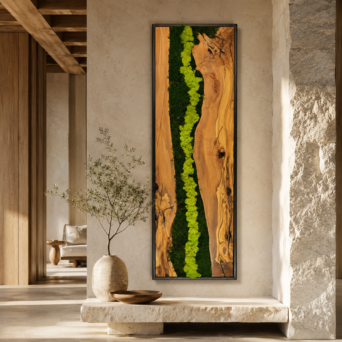 Vertical Moss Wall Art — Tall Driftwood Panel with Preserved Moss