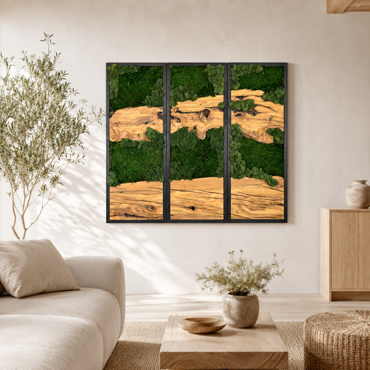 3 Panel Moss & Driftwood Wall Art — Framed Triptych for Living Room