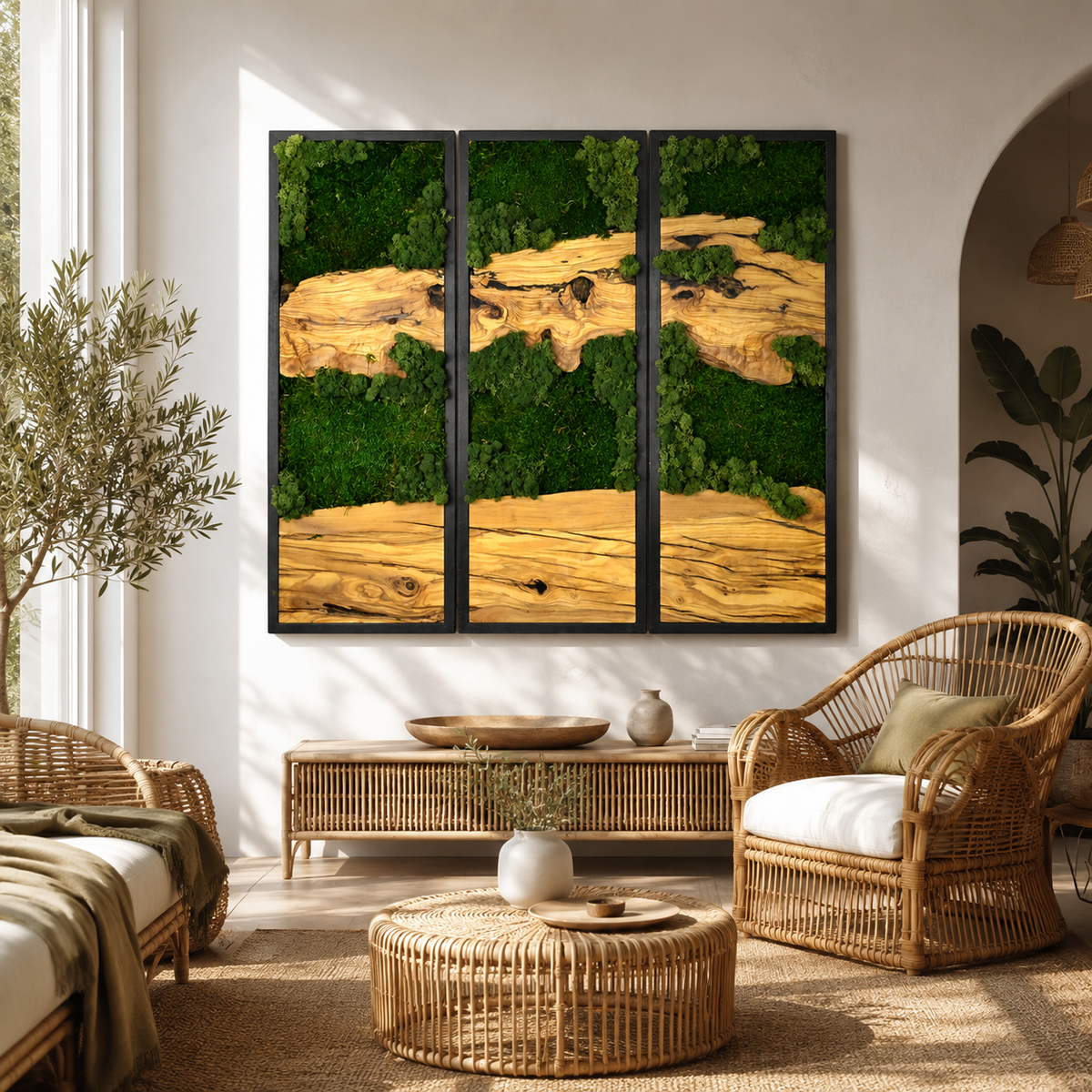 3 Panel Moss & Driftwood Wall Art — Framed Triptych for Living Room