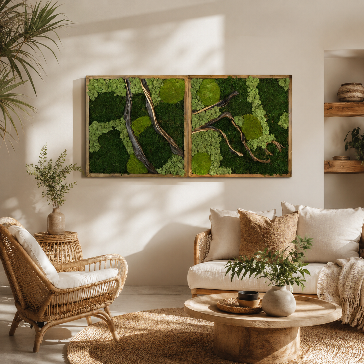 2 Panel Moss Wall Art — Preserved Moss & Driftwood Diptych in Natural Wood Frame
