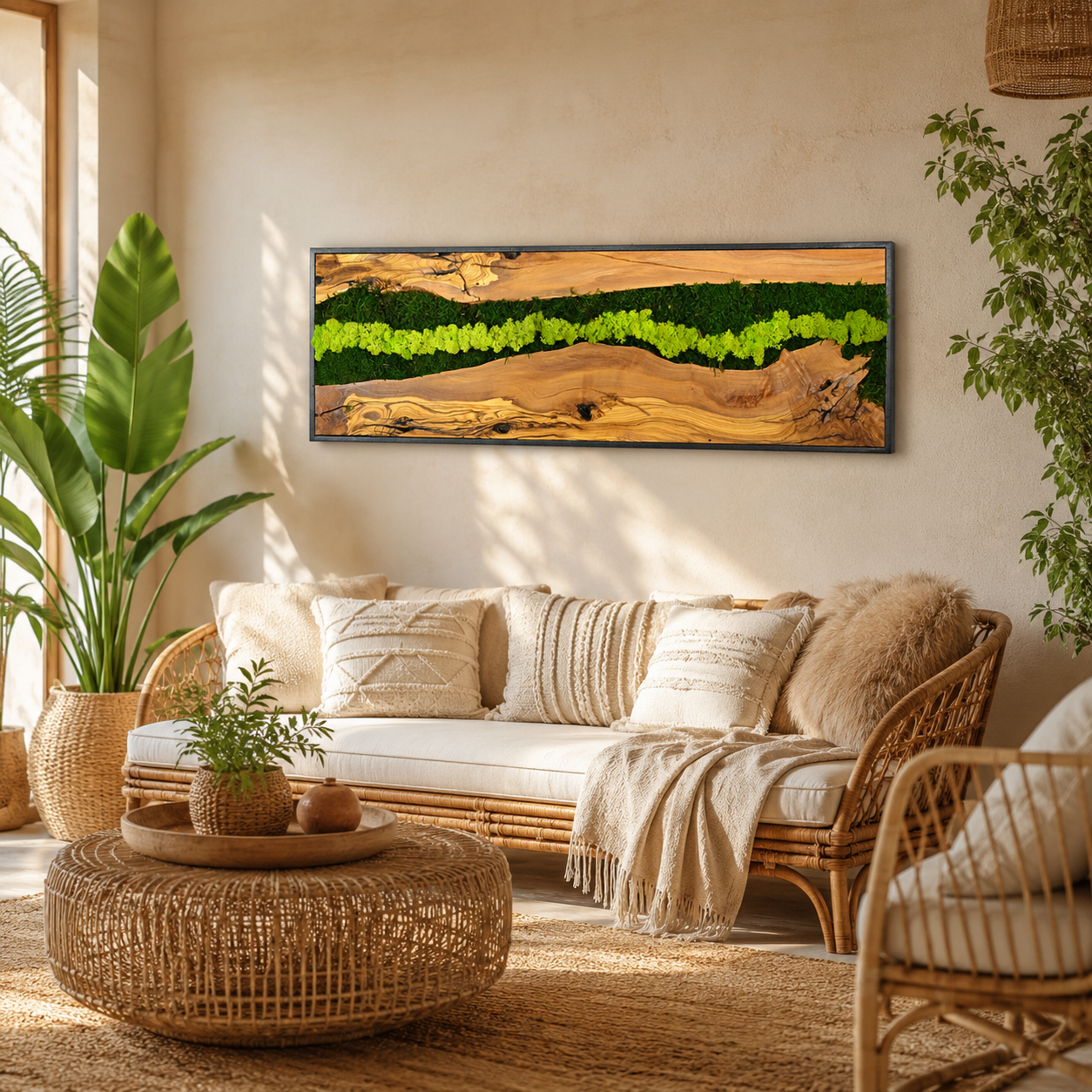 Vertical Moss Wall Art — Tall Driftwood Panel with Preserved Moss