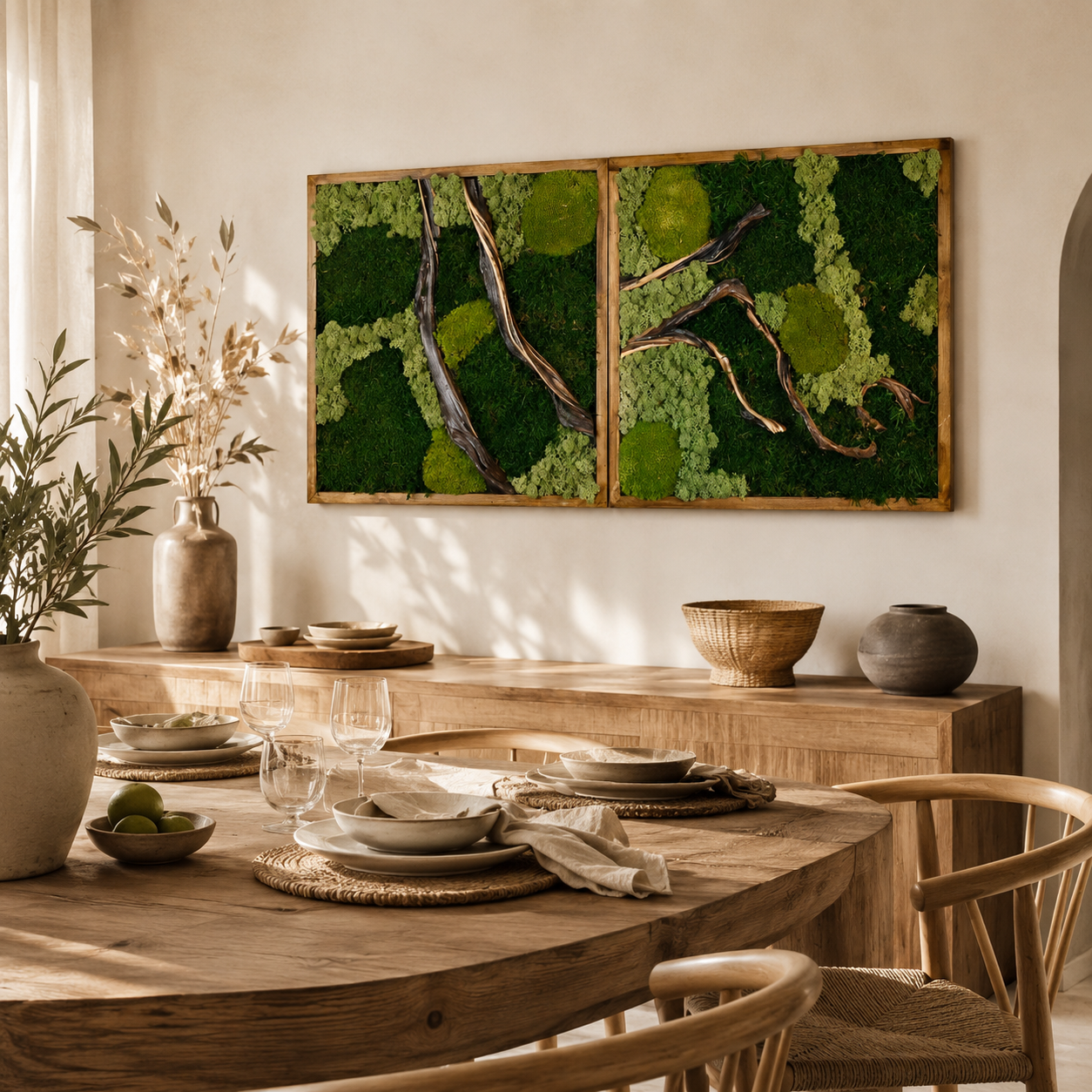 2 Panel Moss Wall Art — Preserved Moss & Driftwood Diptych in Natural Wood Frame