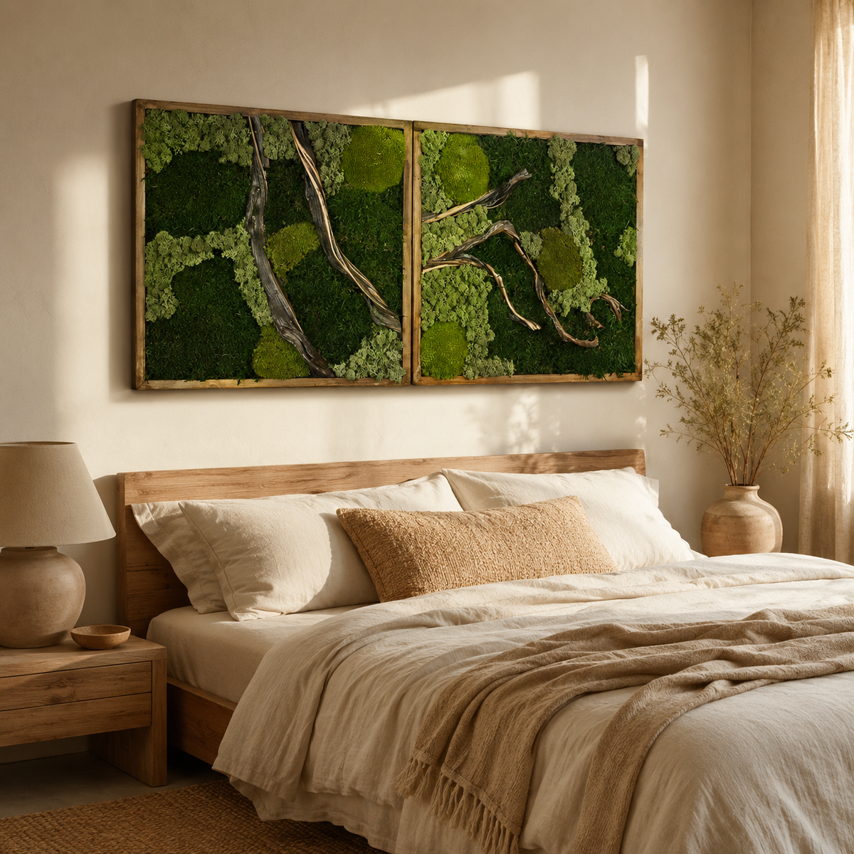 2 Panel Moss Wall Art — Preserved Moss & Driftwood Diptych in Natural Wood Frame