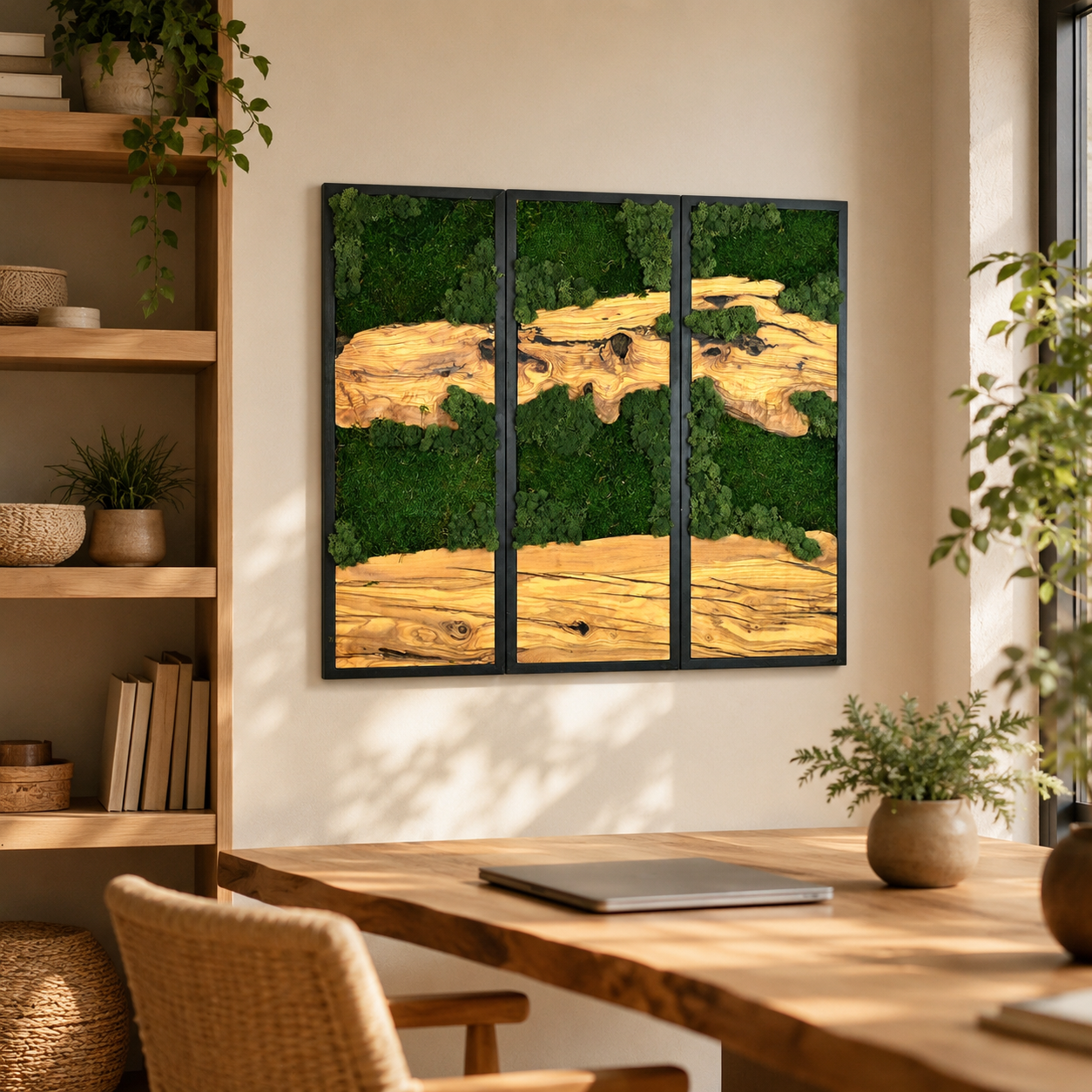 3 Panel Moss & Driftwood Wall Art — Framed Triptych for Living Room