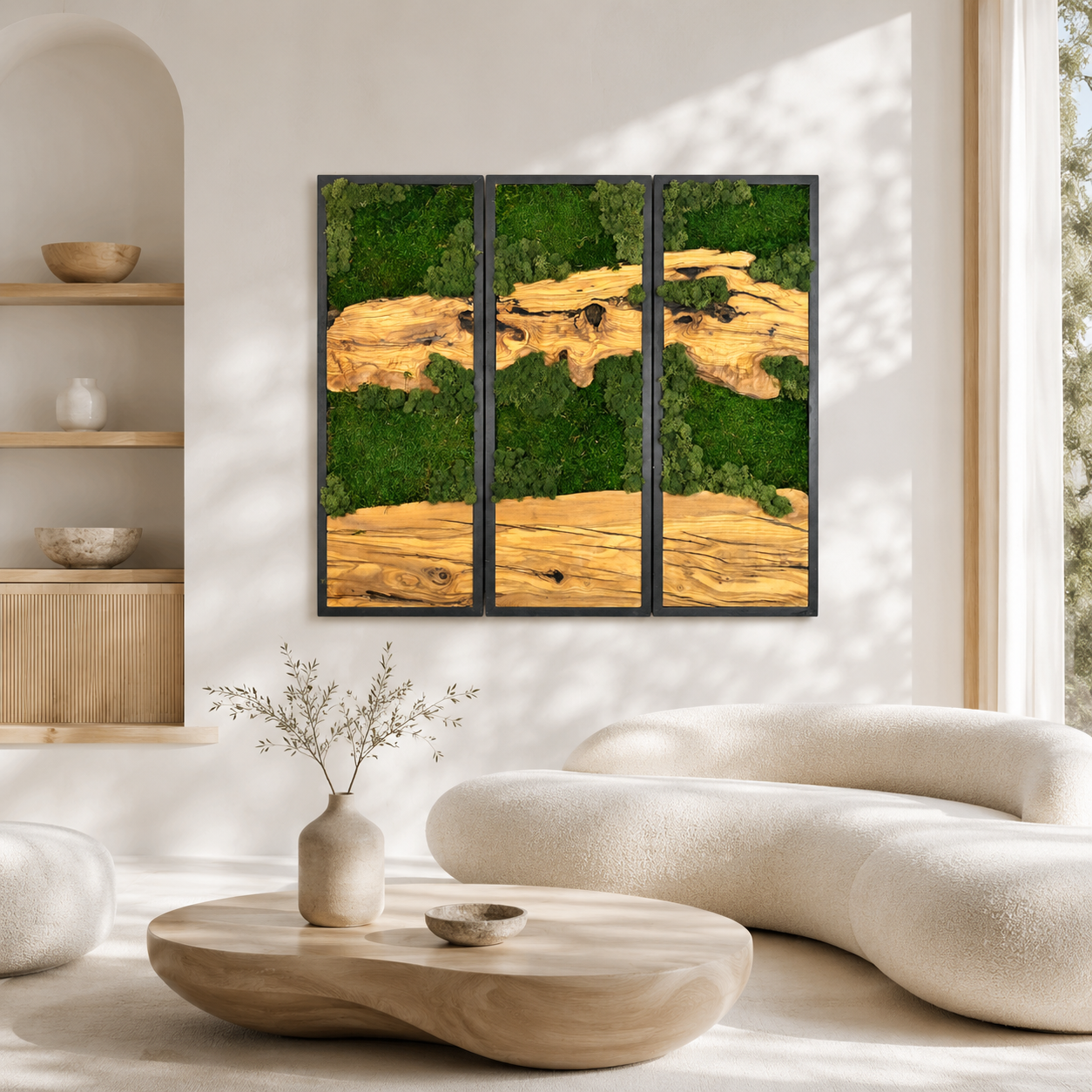 3 Panel Moss & Driftwood Wall Art — Framed Triptych for Living Room