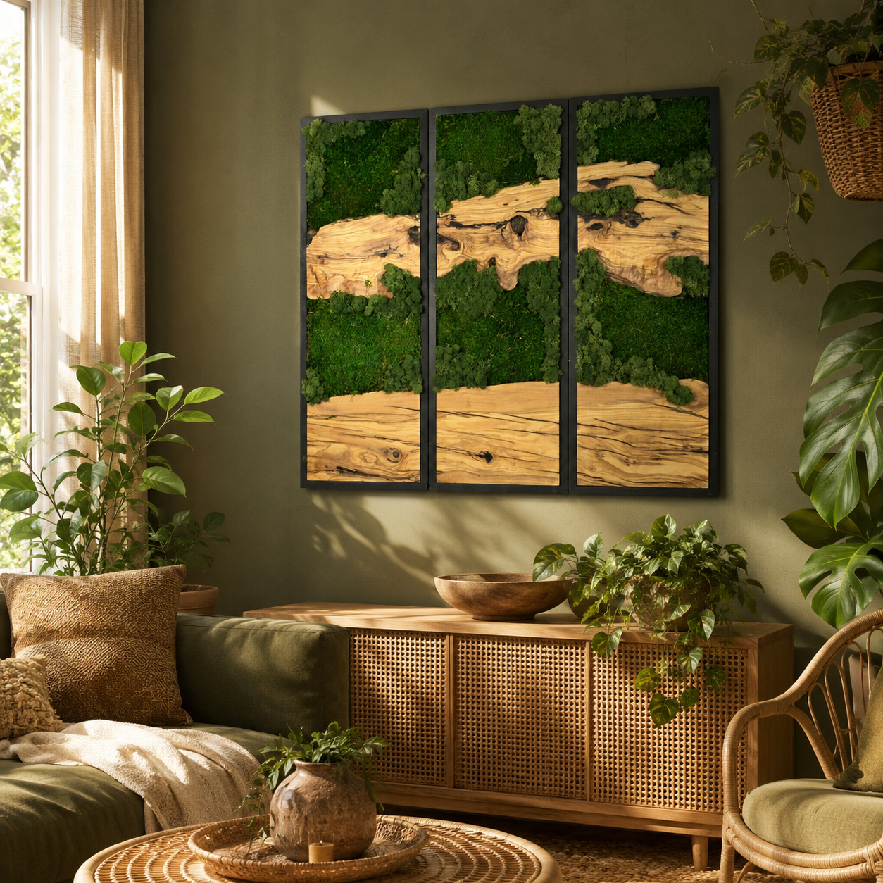 3 Panel Moss & Driftwood Wall Art — Framed Triptych for Living Room