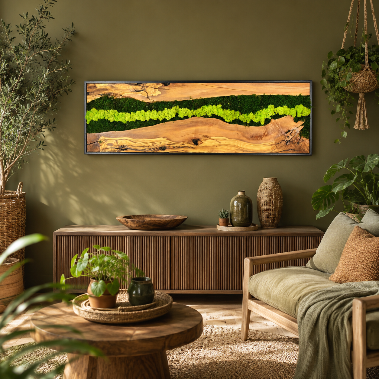 Vertical Moss Wall Art — Tall Driftwood Panel with Preserved Moss
