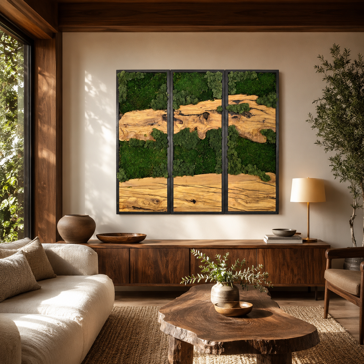 3 Panel Moss & Driftwood Wall Art — Framed Triptych for Living Room
