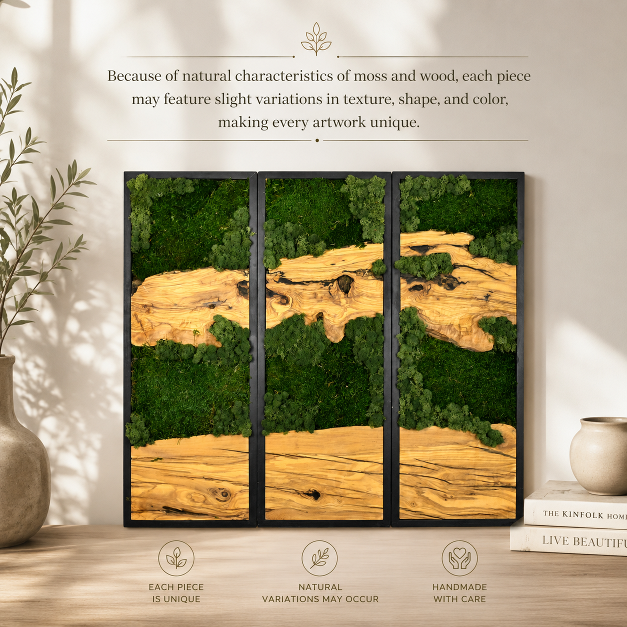 3 Panel Moss & Driftwood Wall Art — Framed Triptych for Living Room