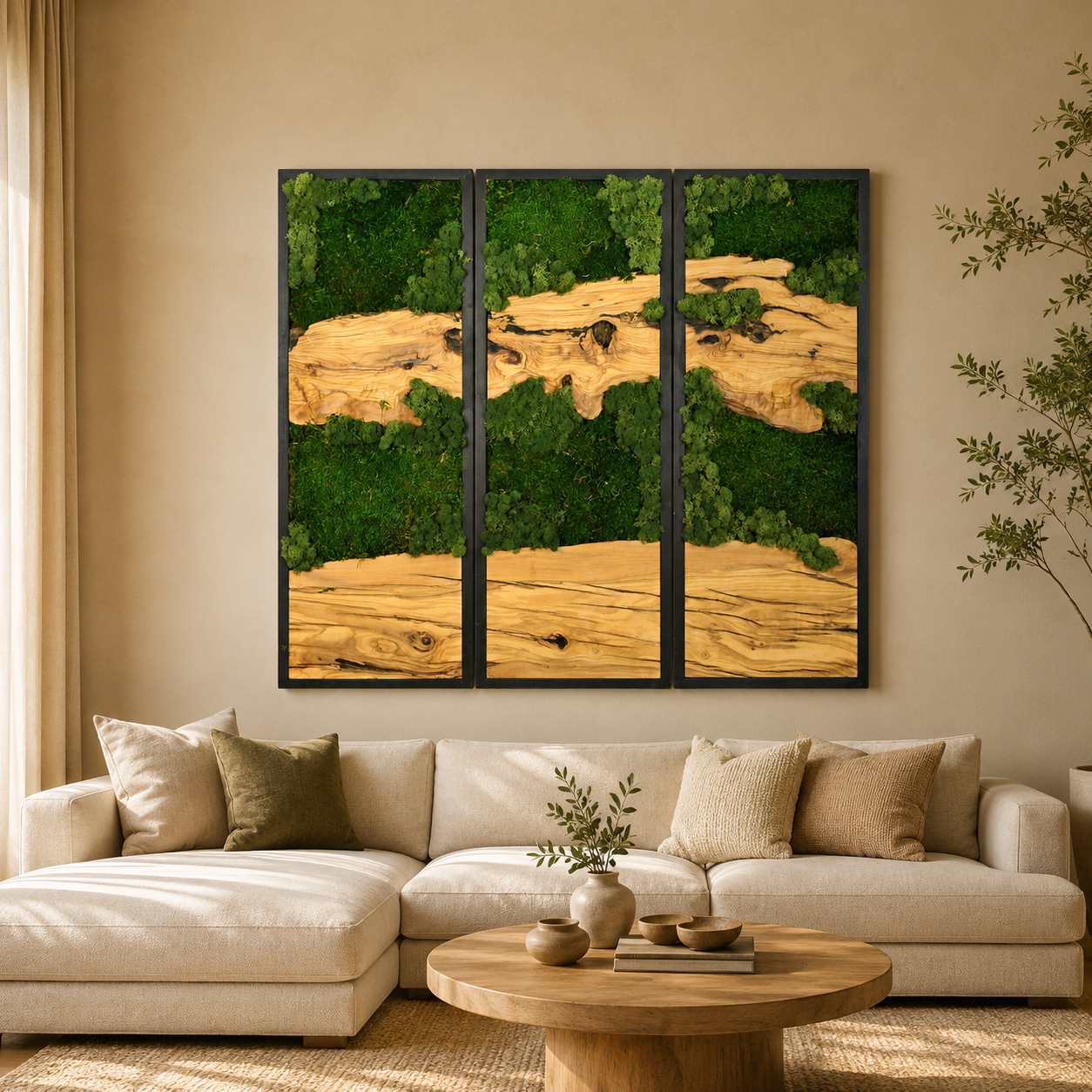 3 Panel Moss & Driftwood Wall Art — Framed Triptych for Living Room